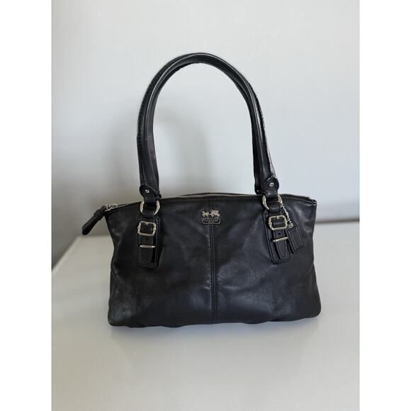 Coach Black Leather Handbag Zipper Purple Interior 10.5”x5”x6” - Picture 3 of 13